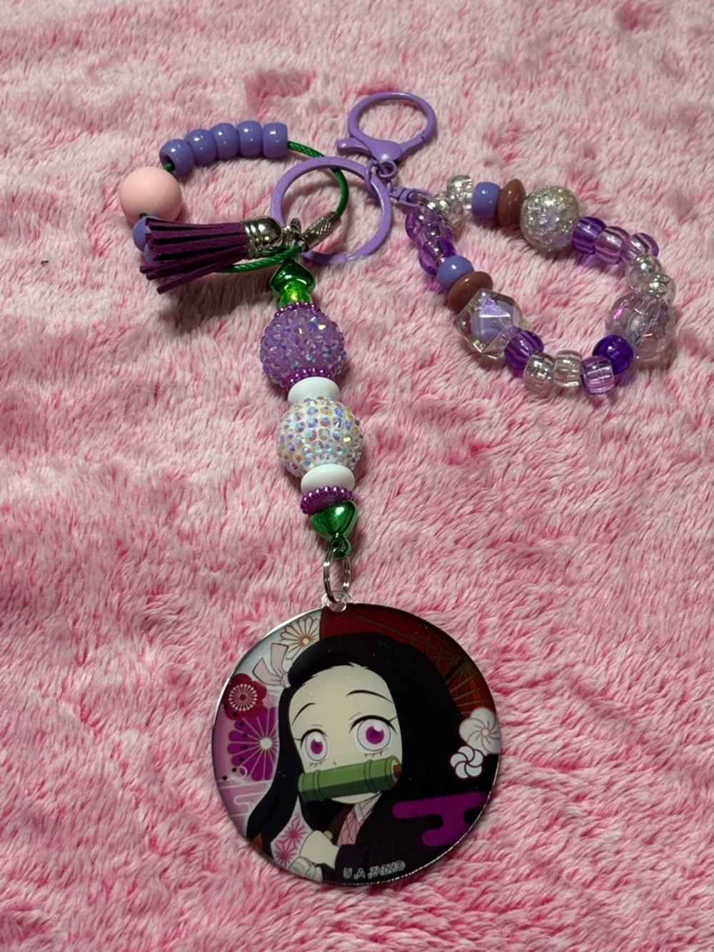 Anime Character Purple Bead Keychain Accessory with Tassel Charm